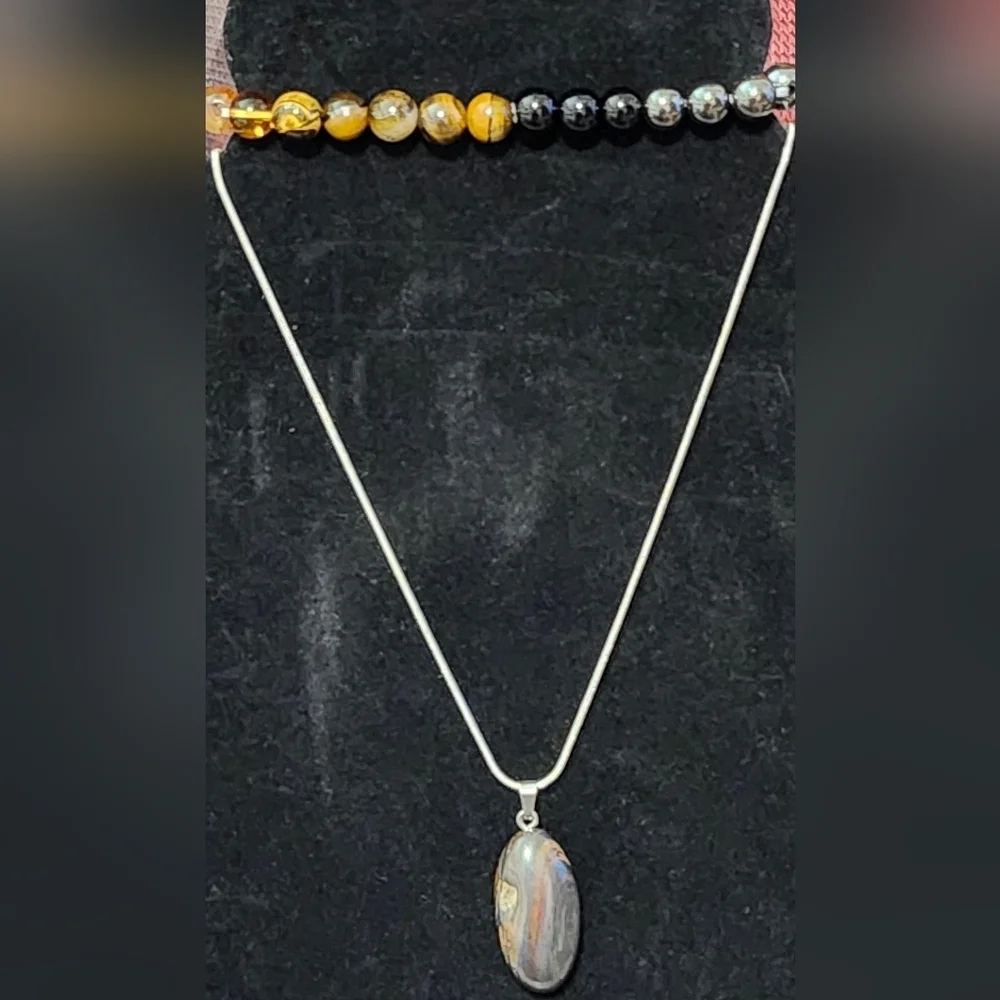 2pc Natural Tiger's Eye Quartz Pendant Necklace W. Handmade Bracelet
